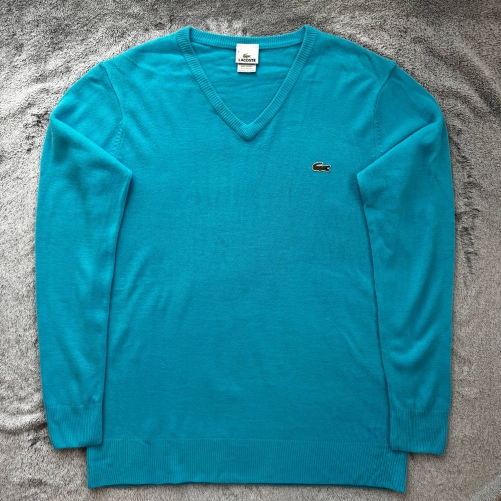 LACOSTE V-Neck Cotton Knit Sweater Blue Teal Size 8 (3XL) - Picture 3 of 15